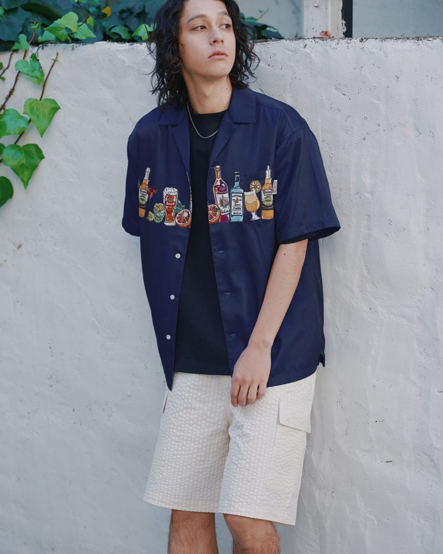パネルプリント開襟シャツ　アルコール柄