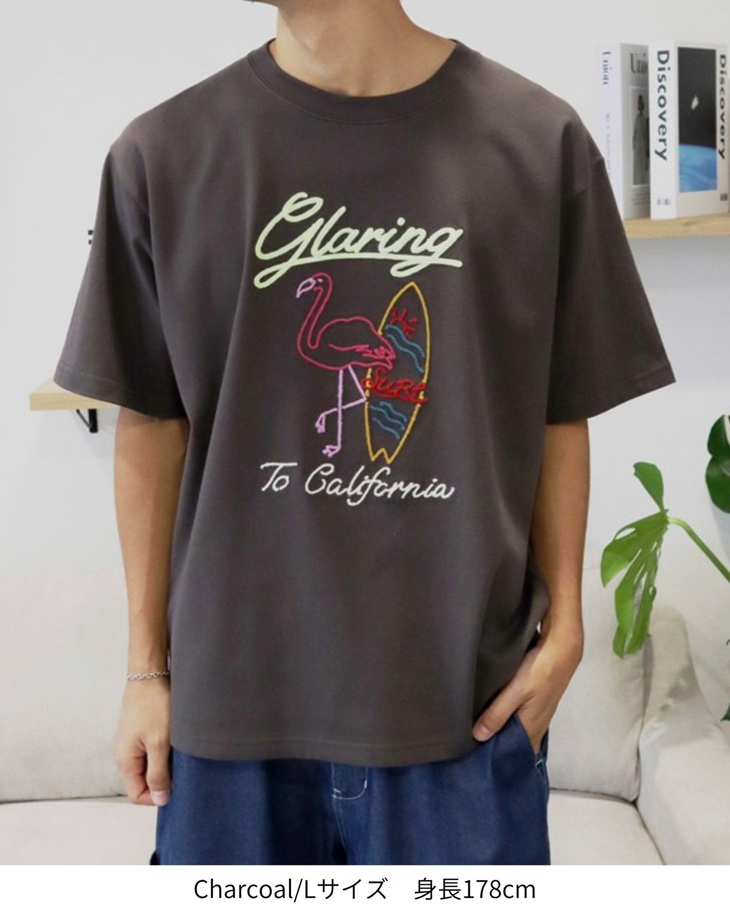 フラミンゴ ネオン刺繍T