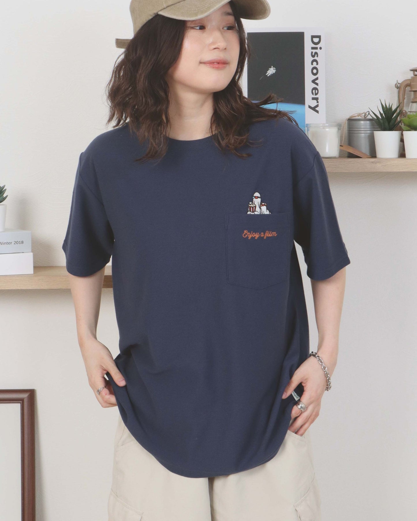 【涼感】梨地ポケット刺繍T　映画オバケ柄