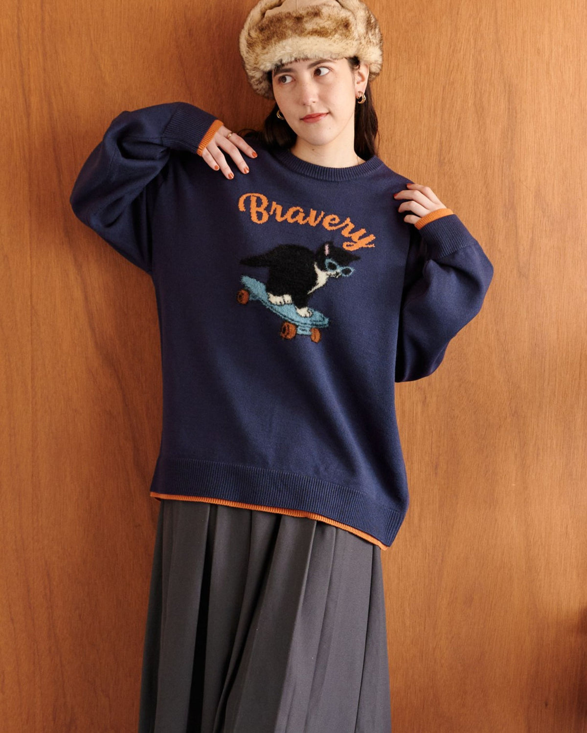 フェイクレイヤード　ジャガードニット　ネコ柄