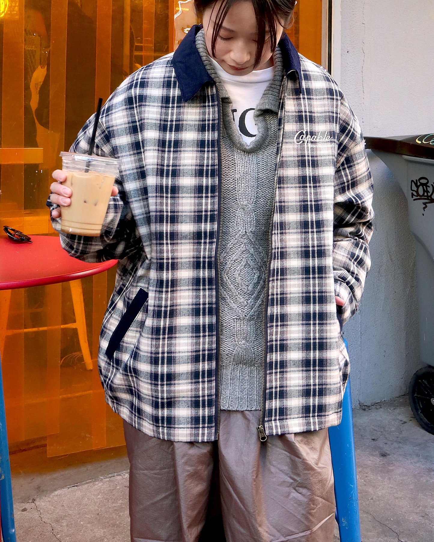 襟コーデュロイ　チェック柄ジャケット