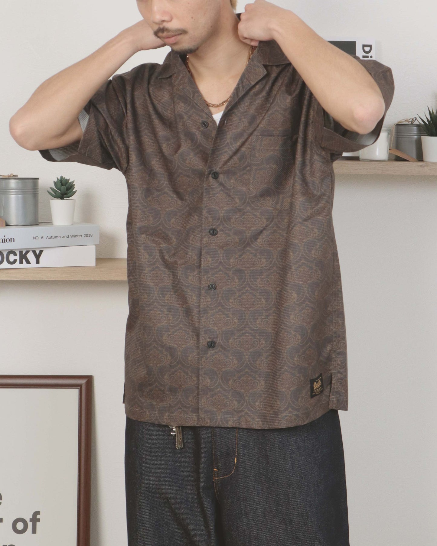 【涼感】総柄メッシュシャツ