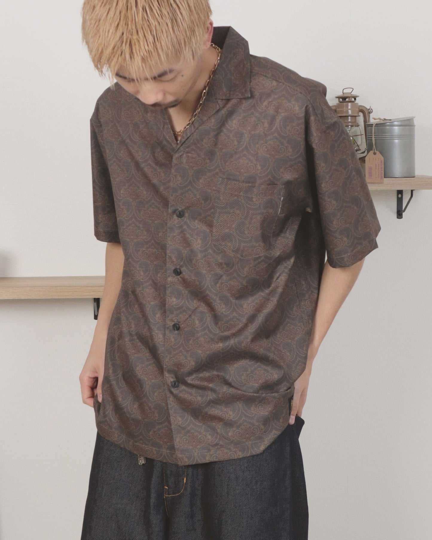 【涼感】総柄メッシュシャツ