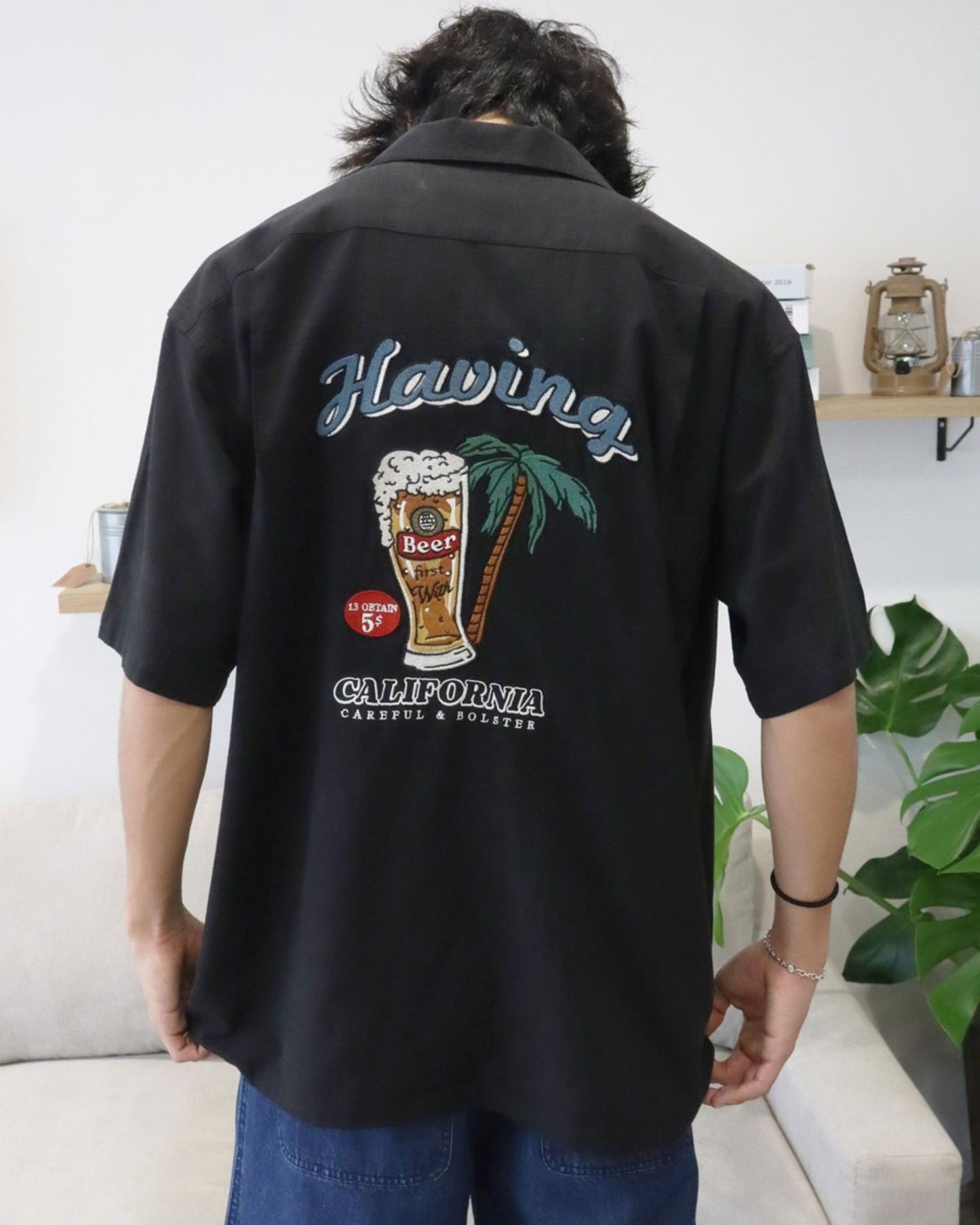 リネンライクシャツ　ビール柄