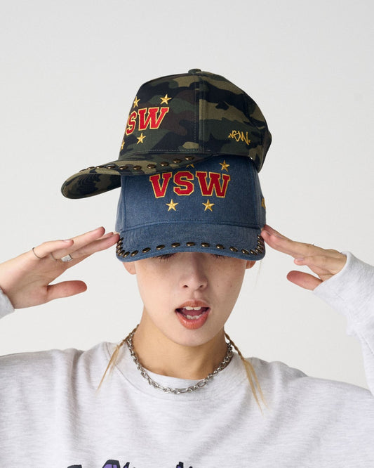 Studded cap / ダメージ加工ロゴキャップ レオパード 迷彩