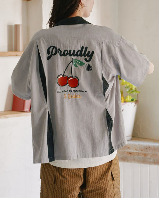 リネンライク　ボーリングシャツ　チェリー柄