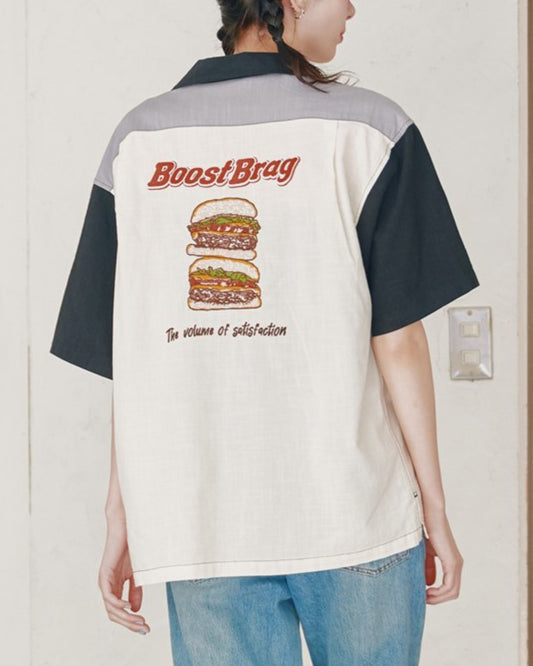 リネンライクシャツ　バーガー柄