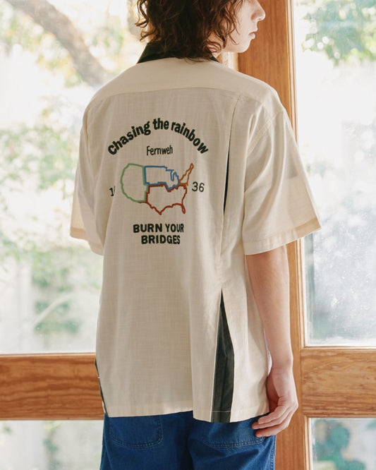 リネンライク　ボーリングシャツ　MAP柄