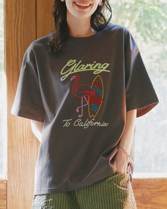 フラミンゴ ネオン刺繍T