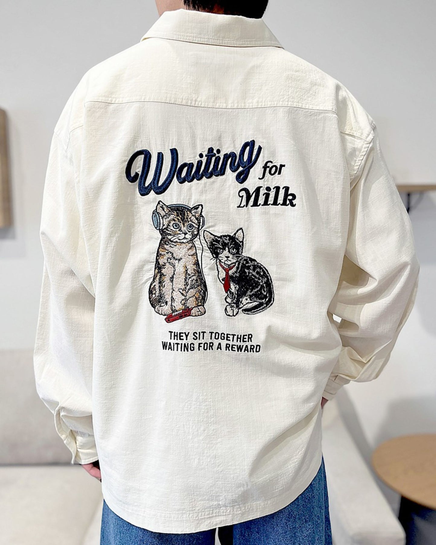 【新色追加】リネンライクシャツ　ネコ柄