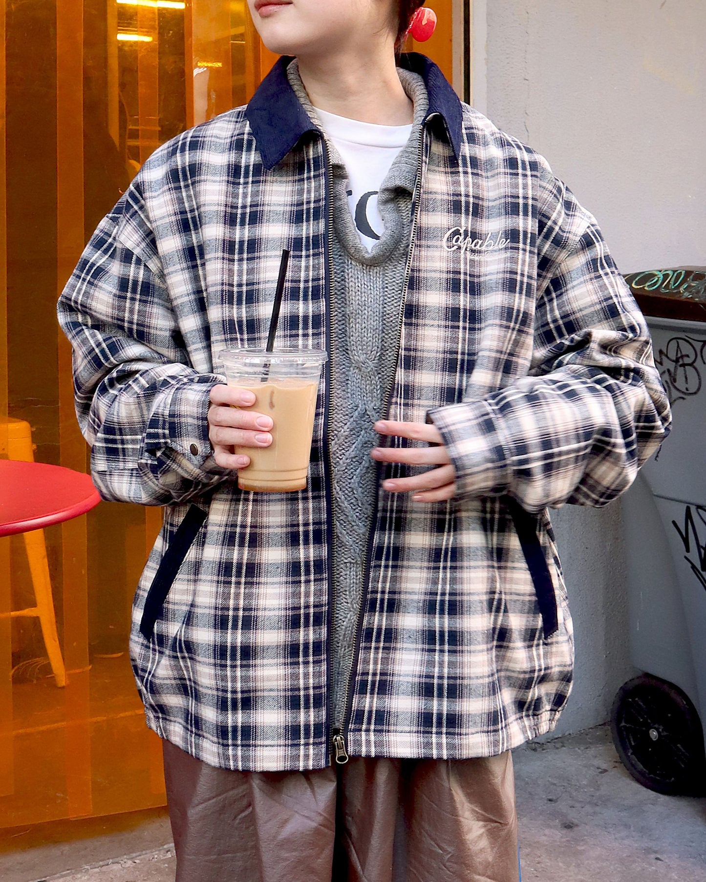 襟コーデュロイ　チェック柄ジャケット