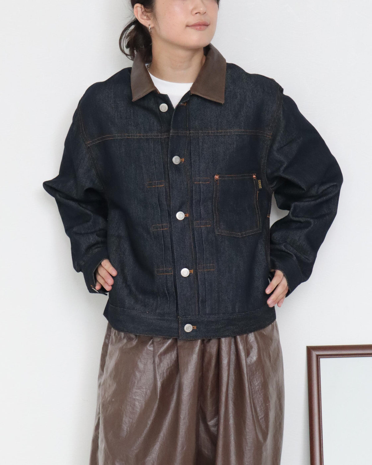 襟レザー　リジットデニムジャケット