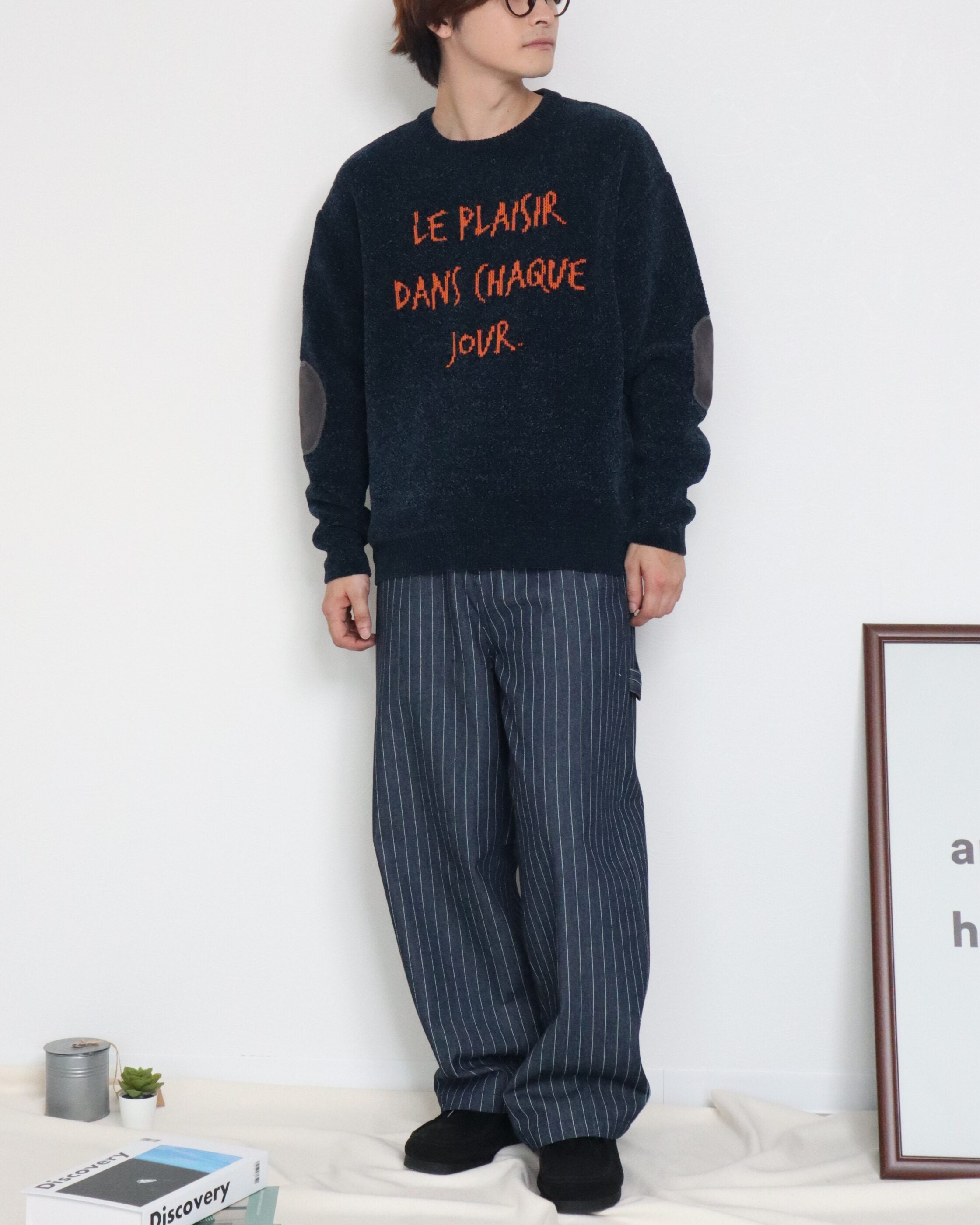 POWER TO THE PEOPLE】エルボーパッチ ジャガードロゴモールニット