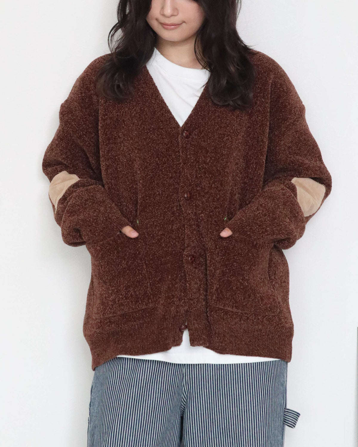 エルボーパッチ　ジャガードロゴモールニットカーディガン