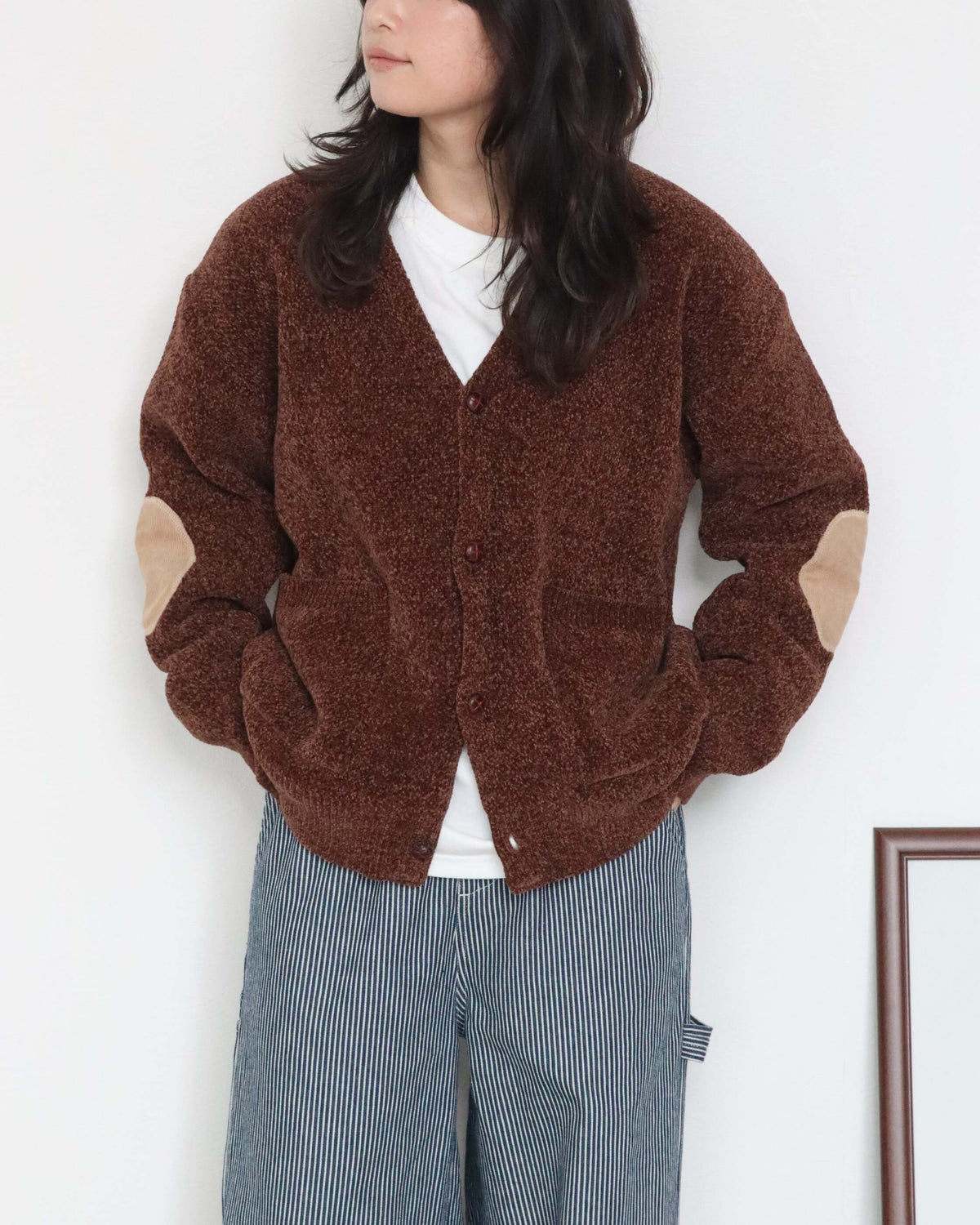エルボーパッチ　ジャガードロゴモールニットカーディガン