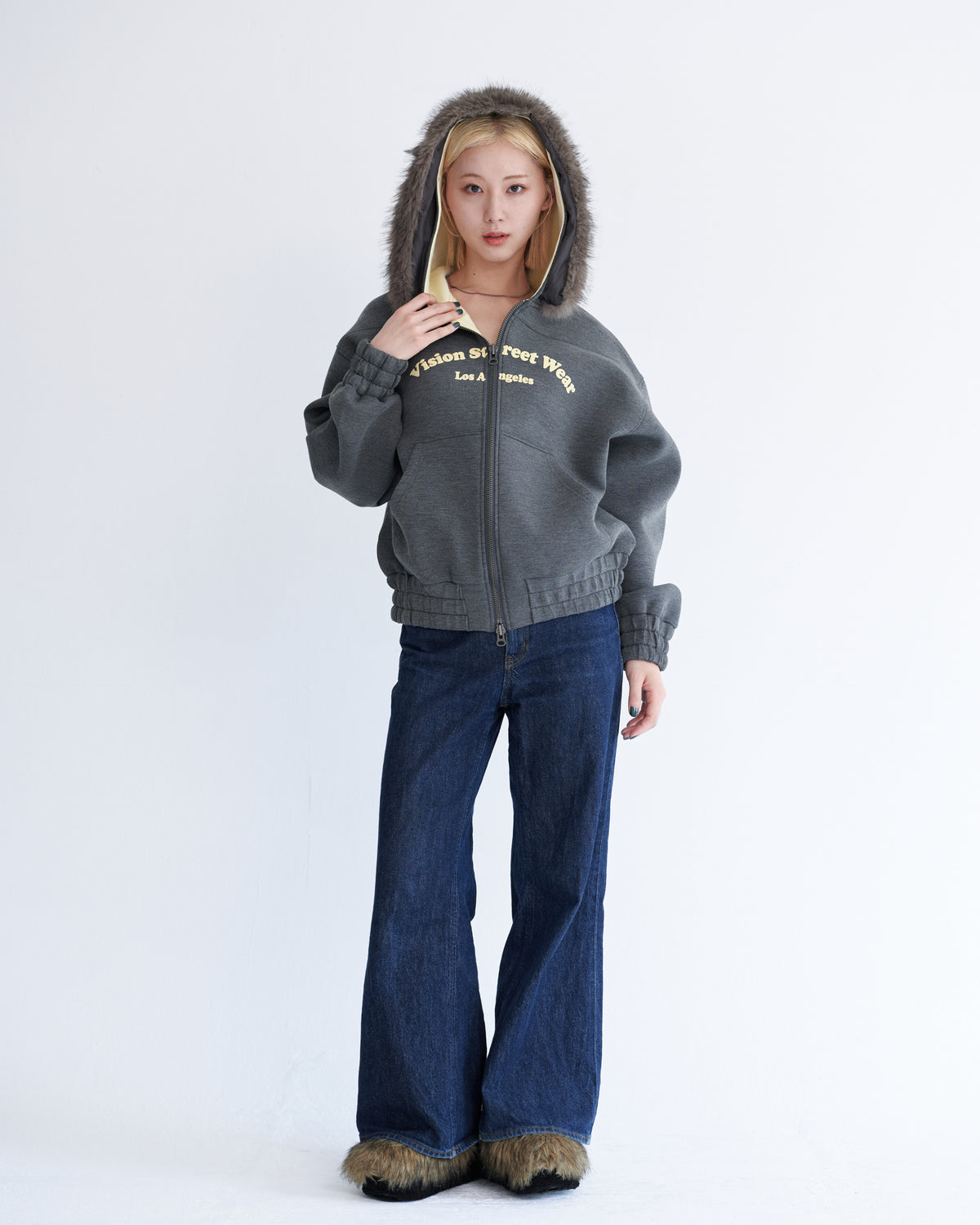 Ponch fur hood zip hoodie / ポンチファーフードZIPパーカー