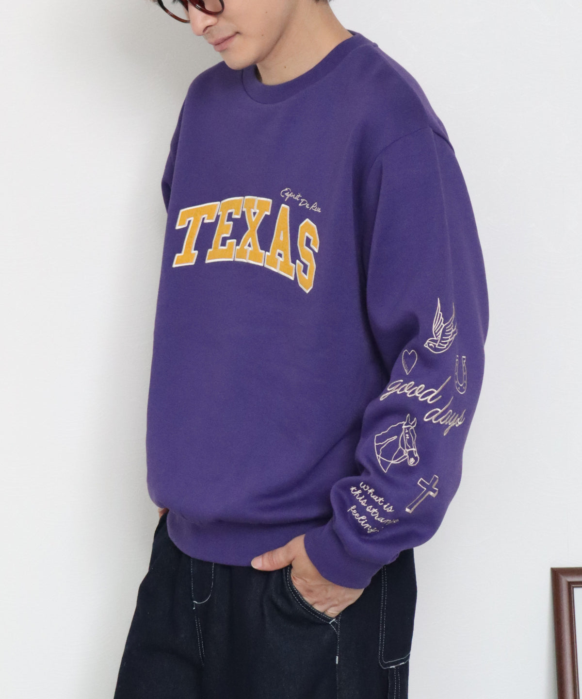 【裏起毛】袖刺繍カレッジロゴスウェット