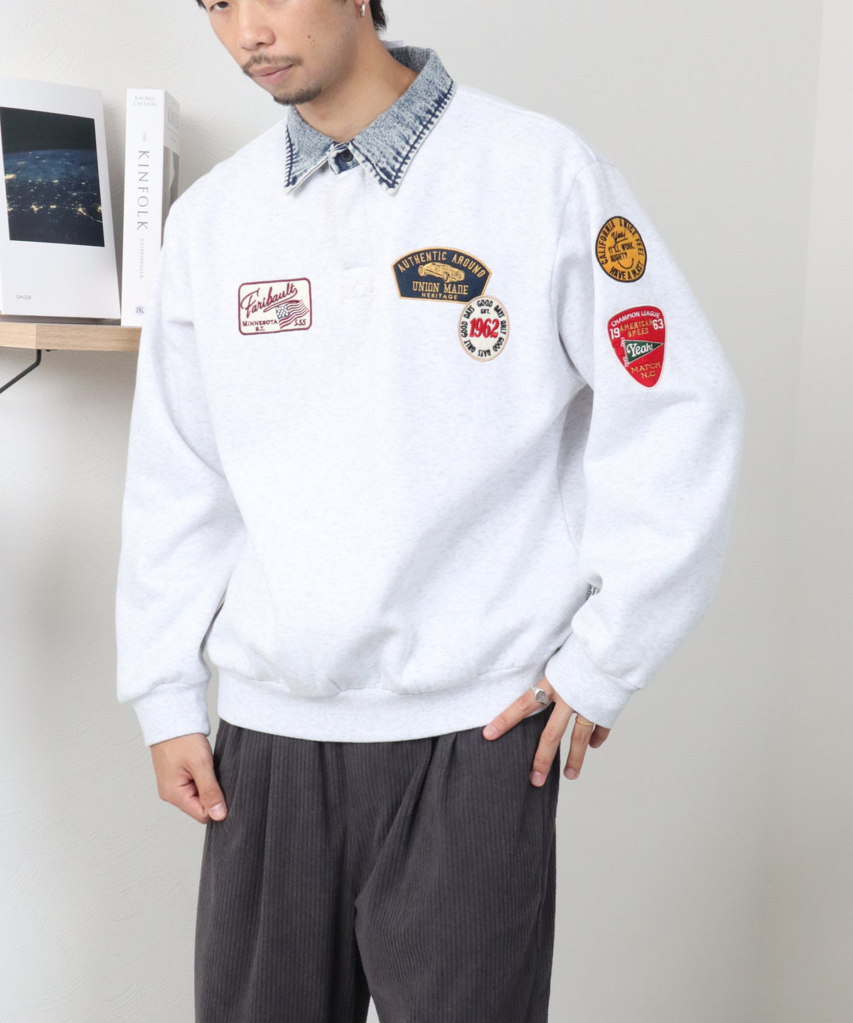 【裏起毛】ワッペン刺繍　襟付きスウェット