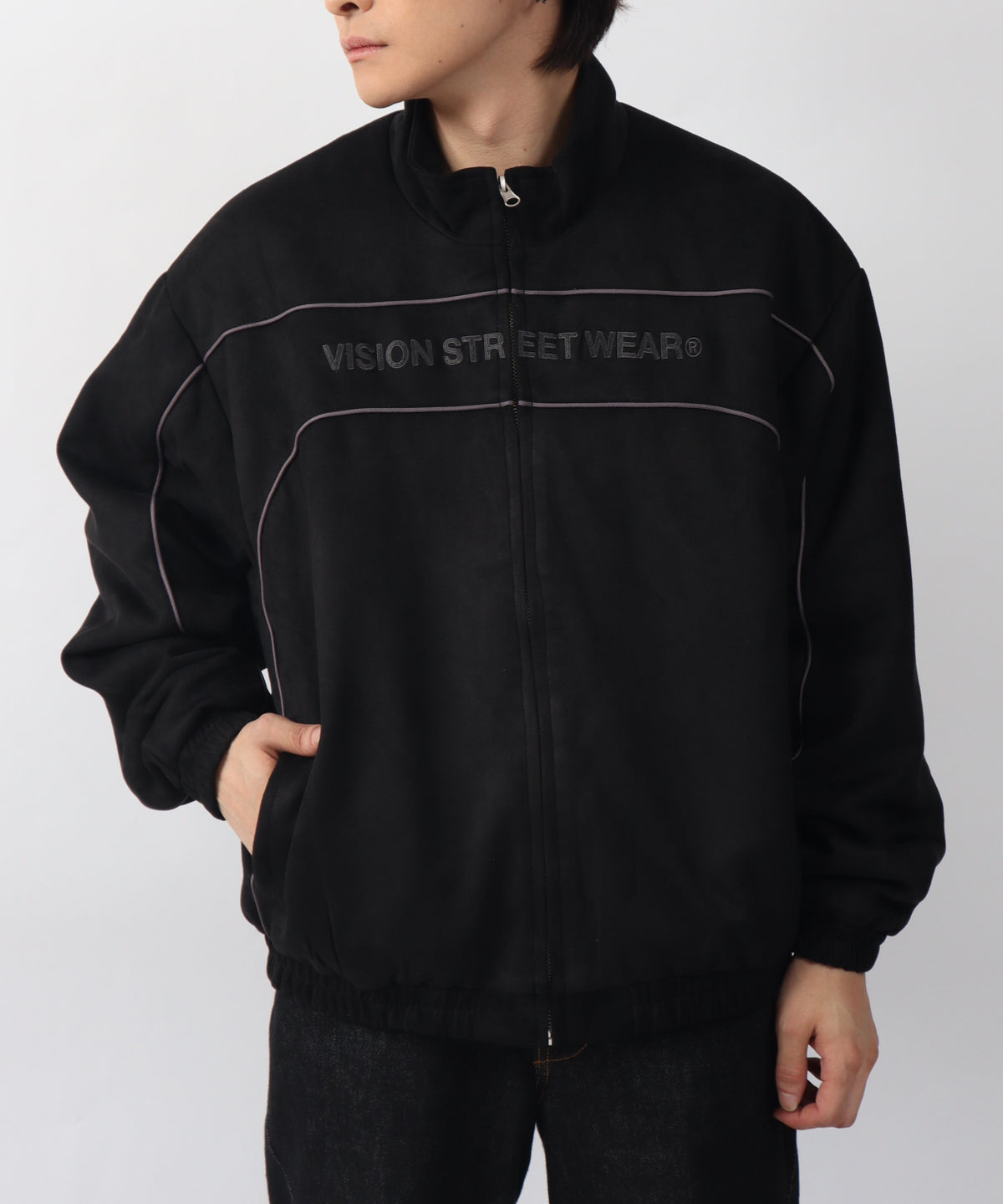 Fake suede piping padded jacket / フェイクスエードパイピング中綿ジャケット