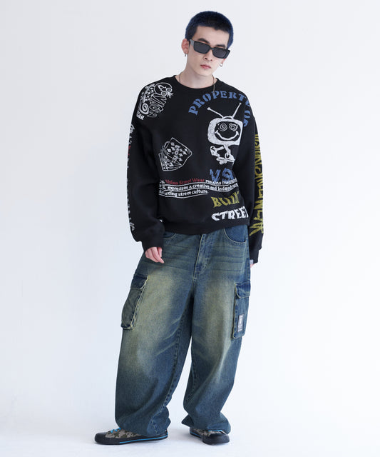 All print fleece Sweat / 【裏起毛】ラクガキ総柄スウェット