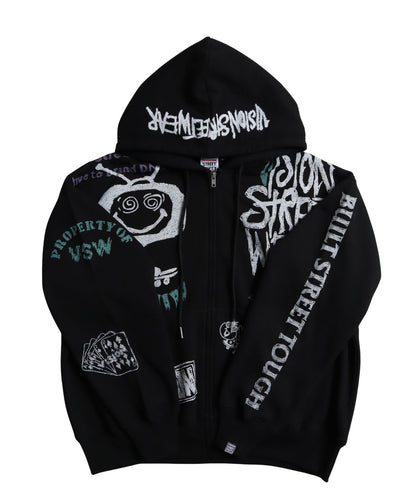 All print Zip Hoodie / 【裏起毛】ラクガキ総柄ジップパーカー