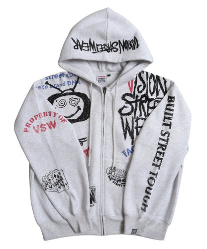 All print Zip Hoodie / 【裏起毛】ラクガキ総柄ジップパーカー