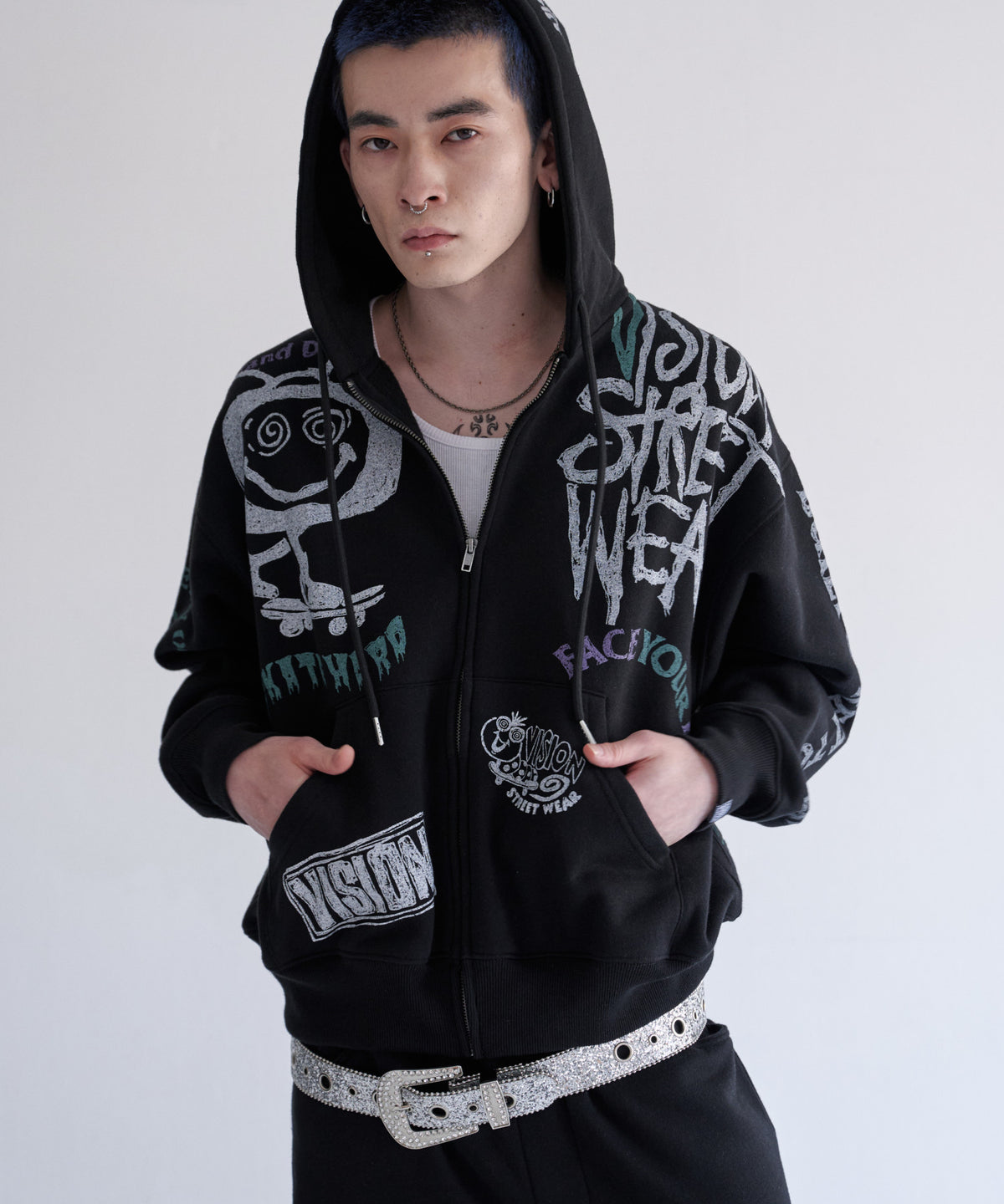 All print Zip Hoodie / 【裏起毛】ラクガキ総柄ジップパーカー
