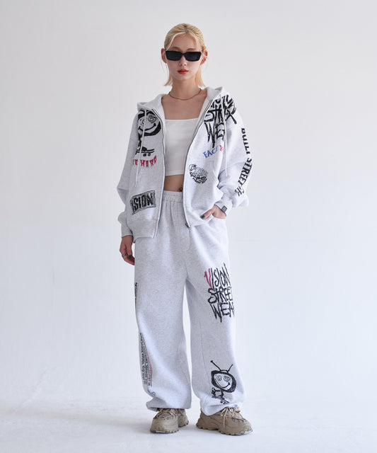 All print Zip Hoodie / 【裏起毛】ラクガキ総柄ジップパーカー