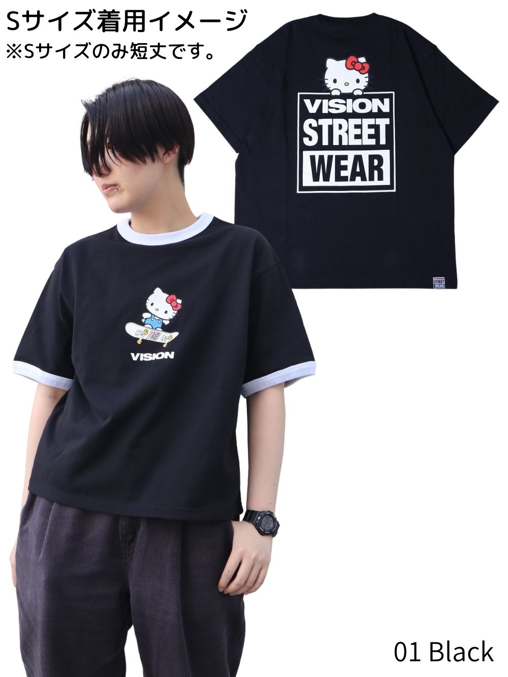 限定品新作EXAMPLE ハローキティ コラボT ブラック Tシャツ/カットソー(半袖/袖なし)