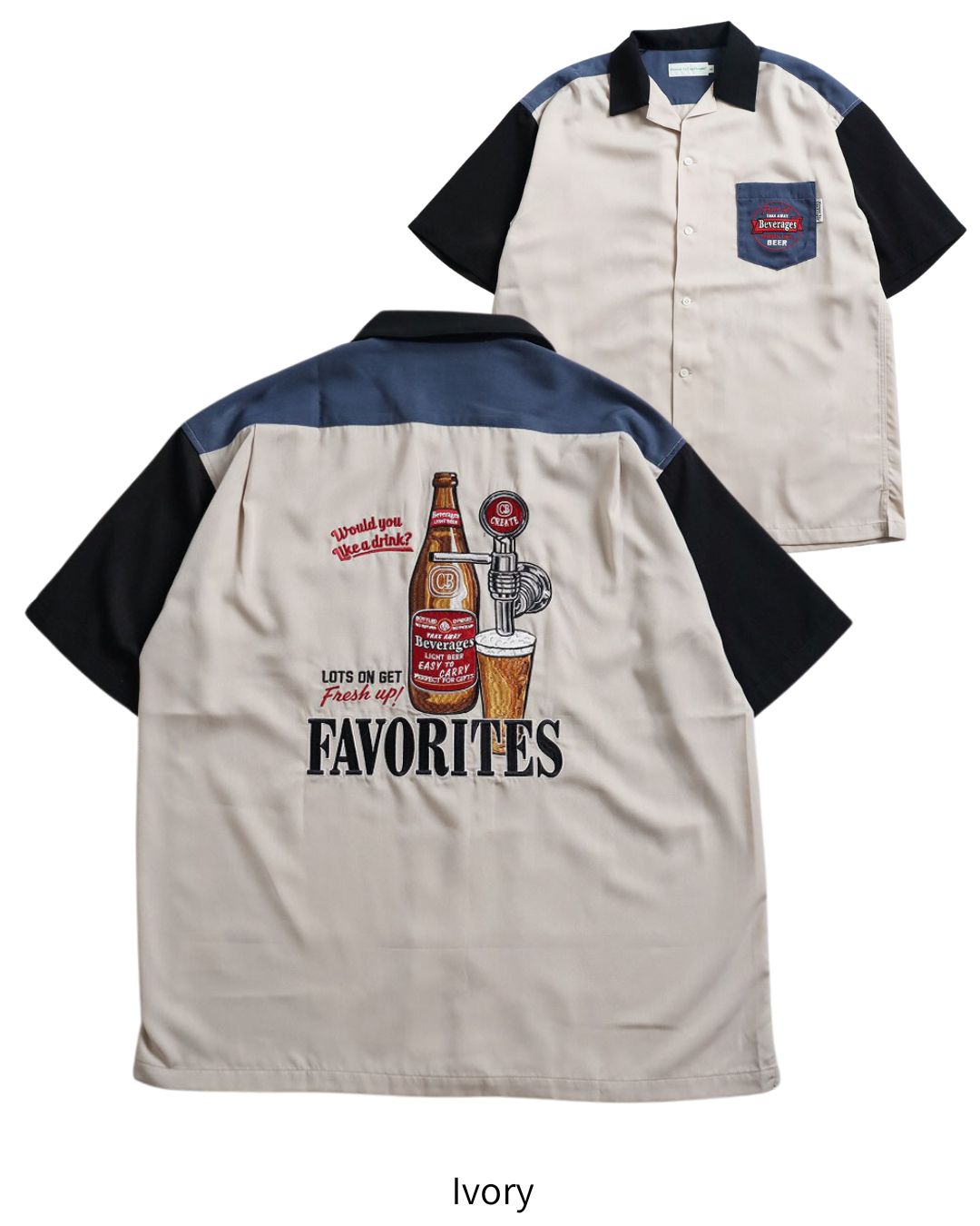 ビール刺繍　開襟シャツ