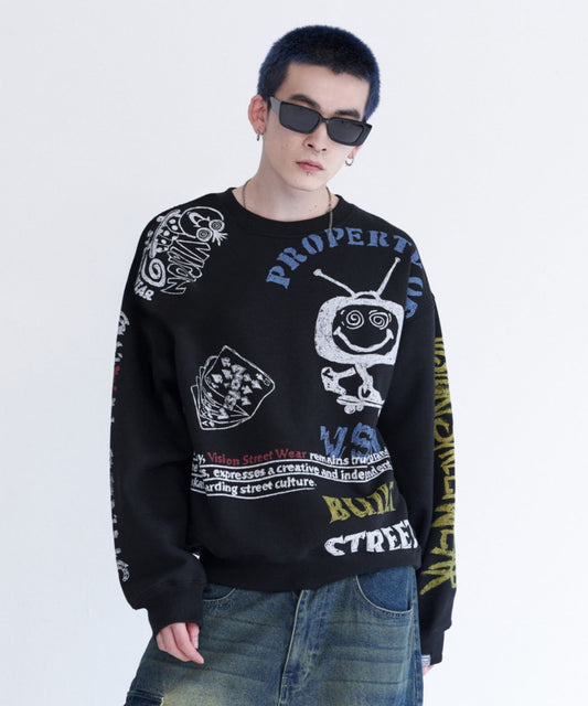 All print fleece Sweat / 【裏起毛】ラクガキ総柄スウェット
